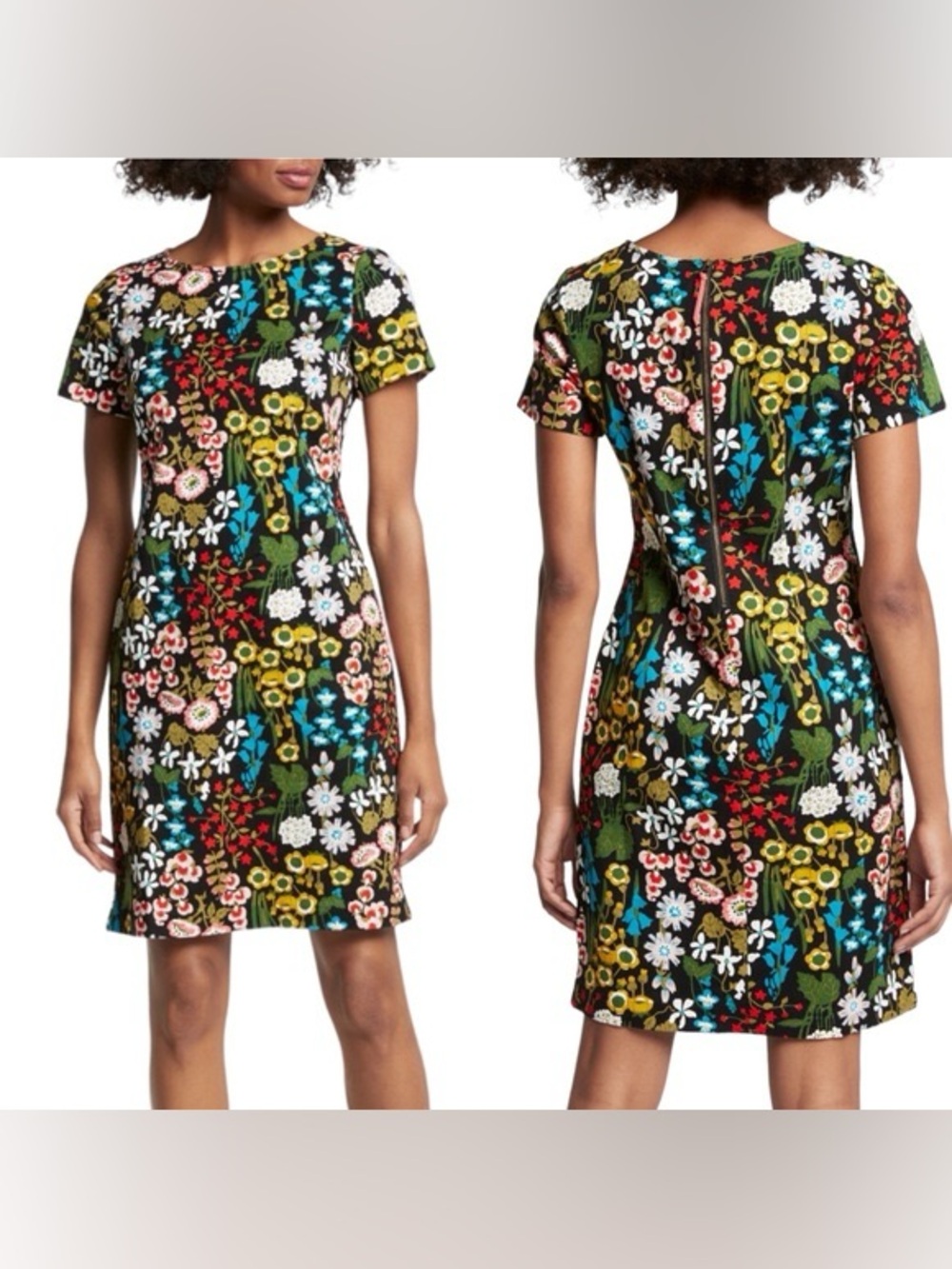 Boden Black Floral Print Carina Short Sleeve Stretch Back Zip Sheath Dress US 10